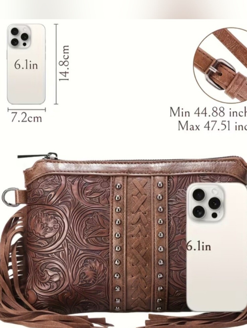 NEW! Hand-Tooled Western Crossbody Bag with Fringe - Picture 4 of 6